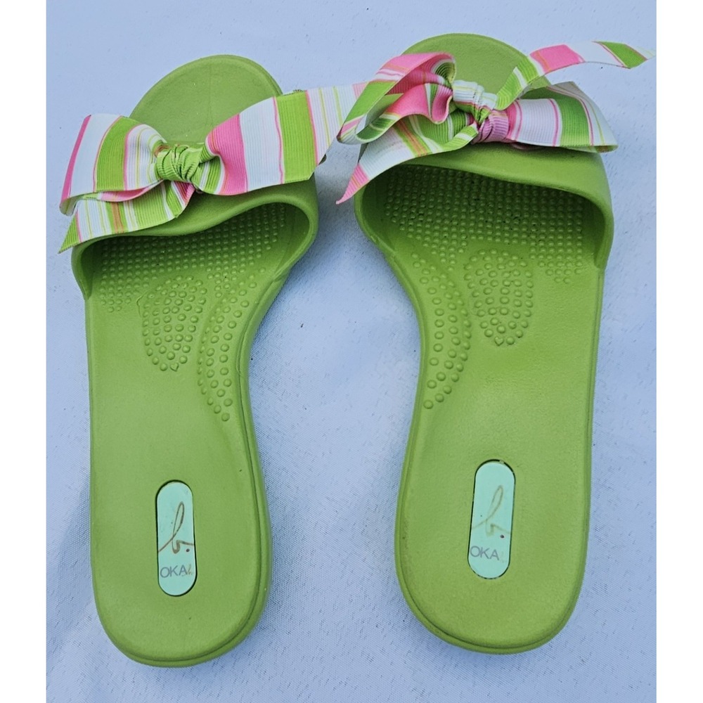 Oka B Slide Sandals Womens Sz S Lime Green Striped Bow Slip On M3